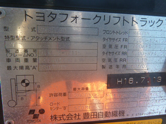 USED GASOLINE/LPG FORKLIFT TOYOTA 7FGL20 14115 (F.UCHIYAMA